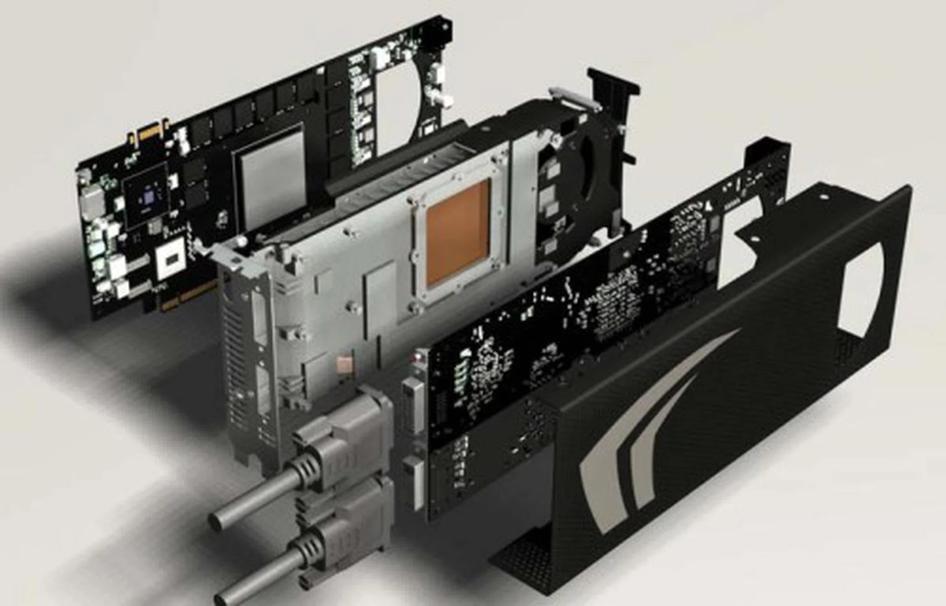 As this diagram clearly show, the new GeForce GTX 295 is quite literally a sandwich of a graphics card - two card plastered together kept cool by a heatsink/fan combo in the middle.
