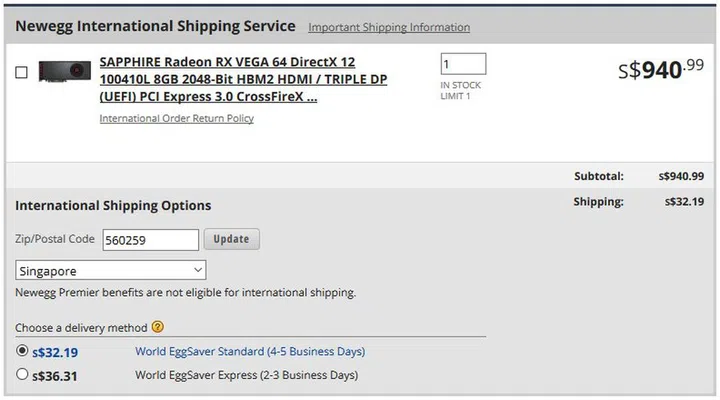Shipping options. Obviously it's not stocked in Singapore, hence the price and time to deliver.