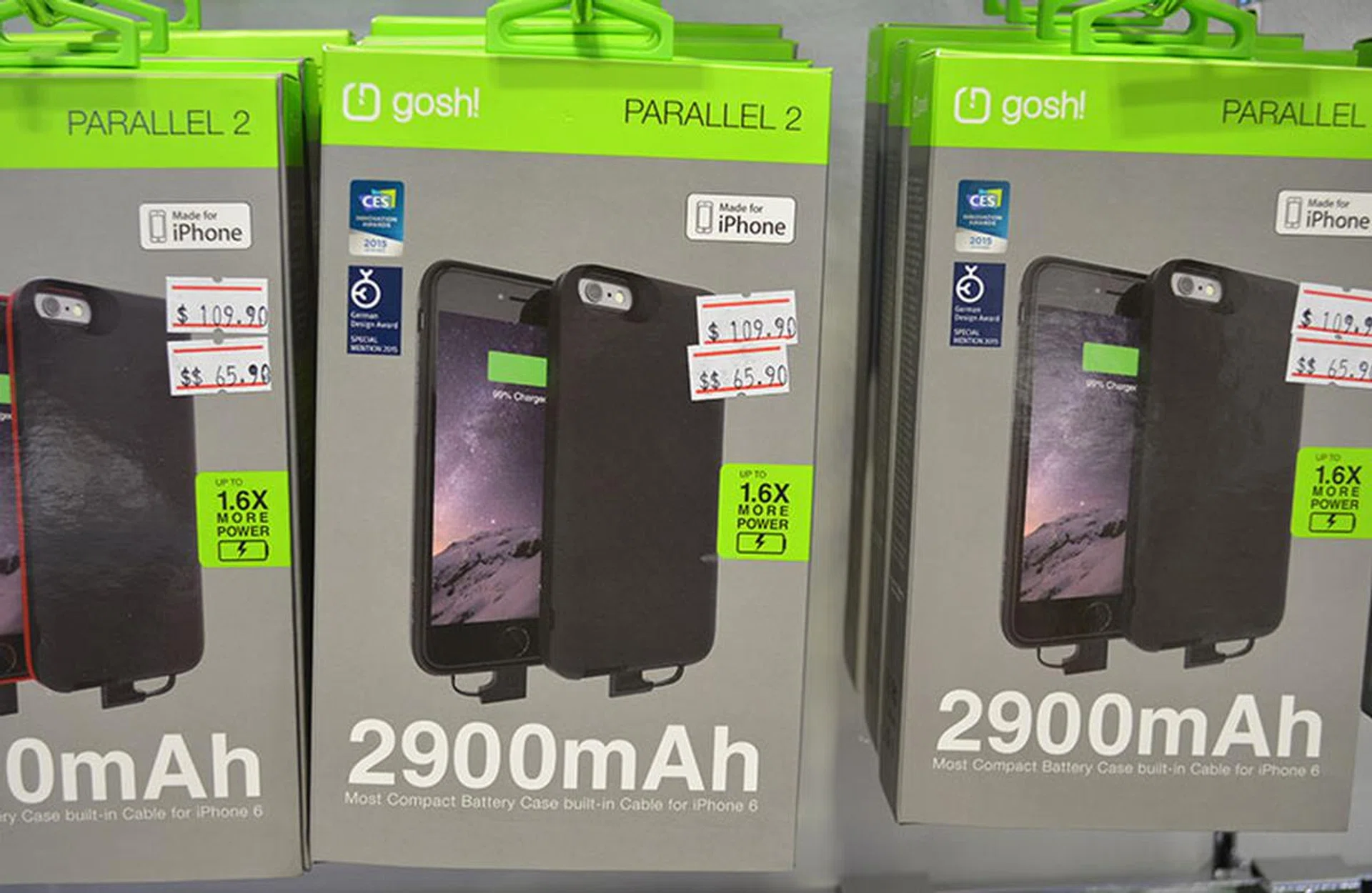 The Gosh! Parallel 2 is a detachable 2,900mAh battery pack cum case for the iPhone 6. It features a patented slide-and-lock mechanism that allows you to attach the battery only when needed. It adds zero bulk to the length and width of your iPhone. Instead, charging is handled by a hidden cable that avoids the use of bulky docking mechanisms found in other similar juice packs. In addition, the case sports a tough polycarbonate backing and soft polymer sides, so you can both charge and protect your iPhone. It is available in black and red and retails for $65.90 (usual price $109.90).