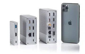 Six-port, 12-port, and 18-port variants of the HyperDrive Gen2 USB hub. Phone for scale.