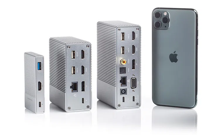 Six-port, 12-port, and 18-port variants of the HyperDrive Gen2 USB hub. Phone for scale.