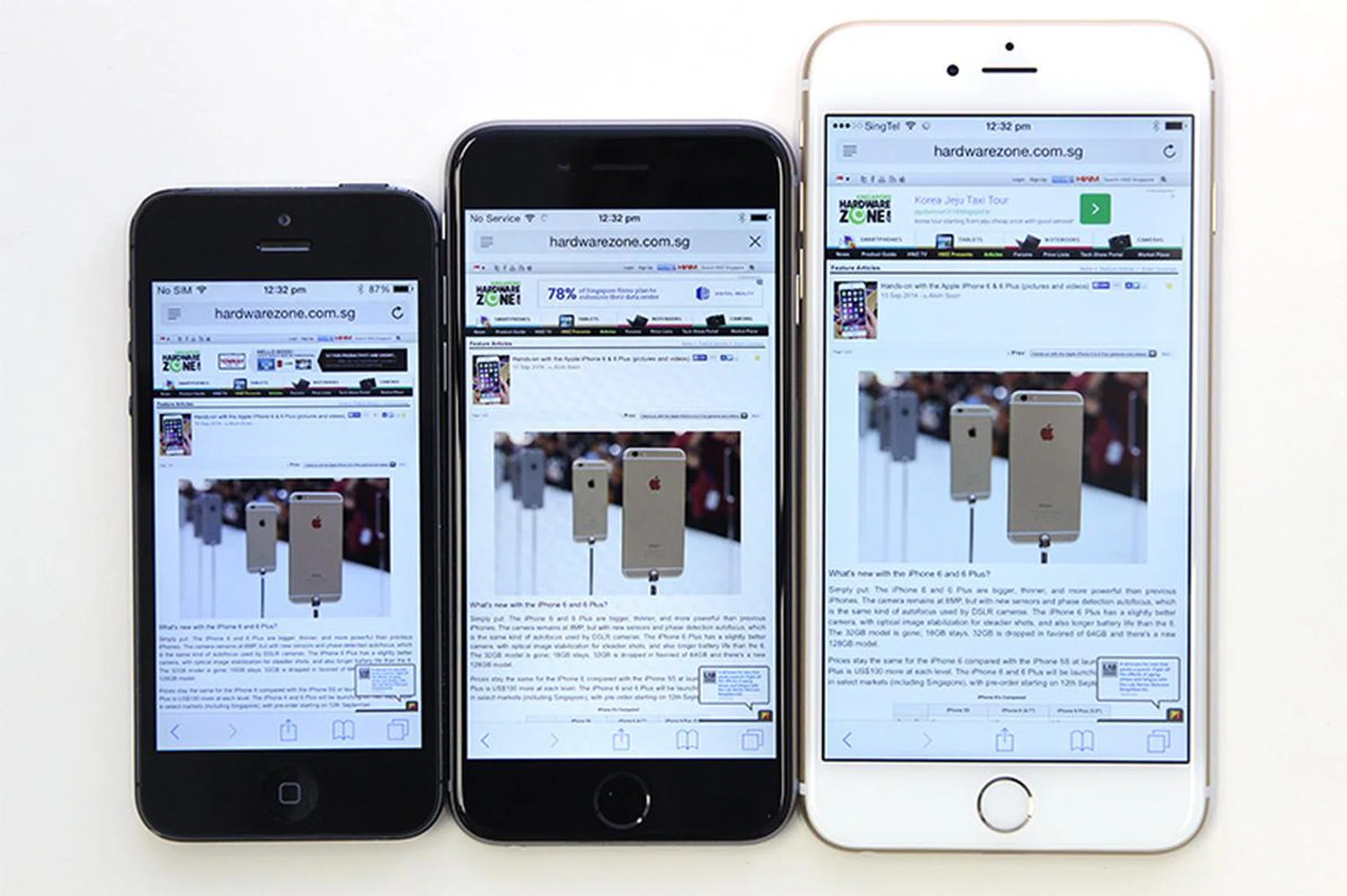 The bigger screens don't just make things bigger (see the photo getting bigger from the iPhone 5 to 6 to 6 Plus), they show more (you see more of the page on the bottom of the 6 Plus and 6 than on the 5).