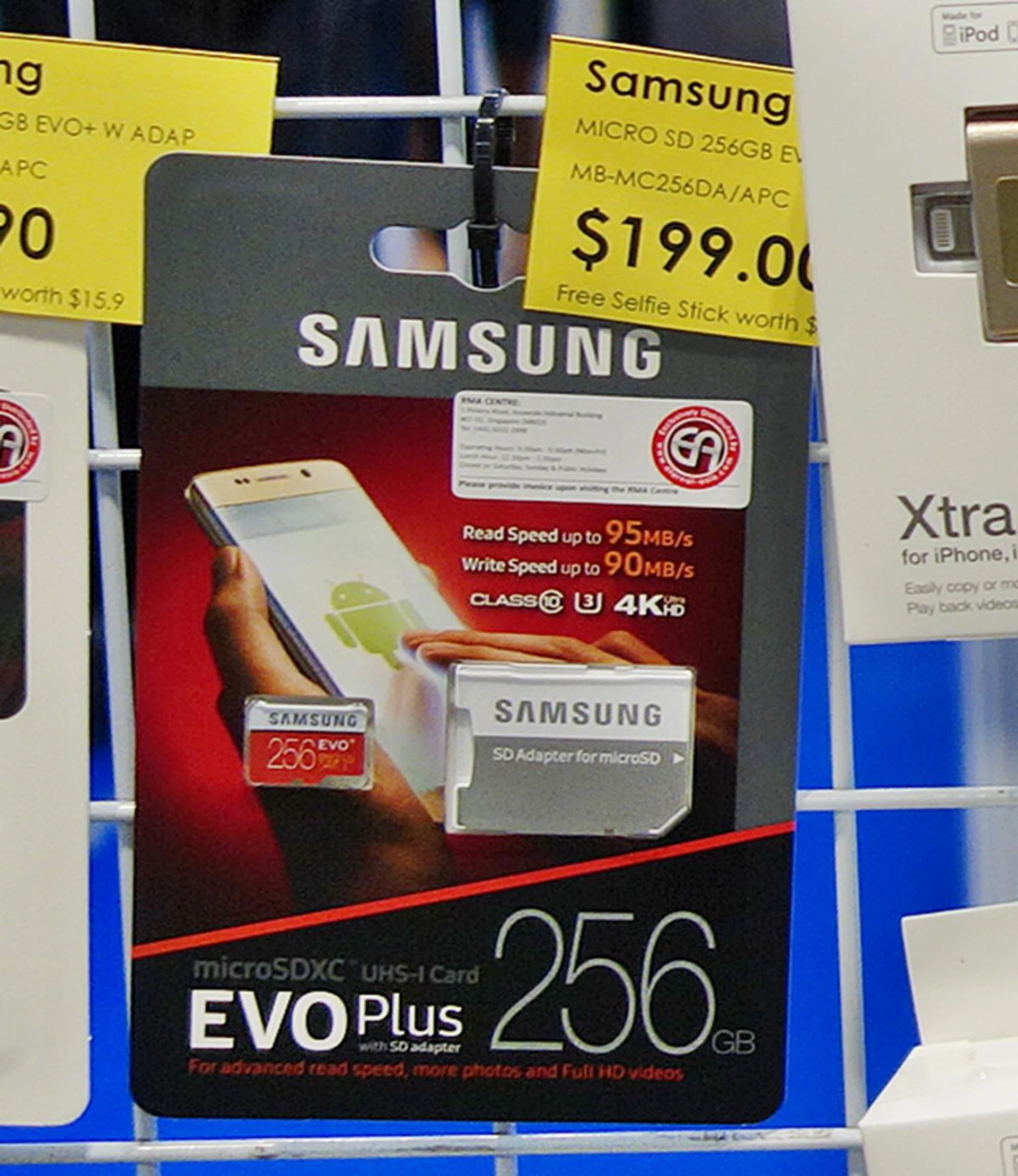 Announced in May this year, the Samsung EVO Plus 256GB microSD card can be yours for $199. It makes use of 48-layer 3D TLC V-NAND instead of the usual planar NAND. The card is classified as a UHS-1 Class 10, and offers up to 95MB/s and 90MB/s of sequential read and write speeds respectively. As a show special, each purchase comes with a free selfie stick!