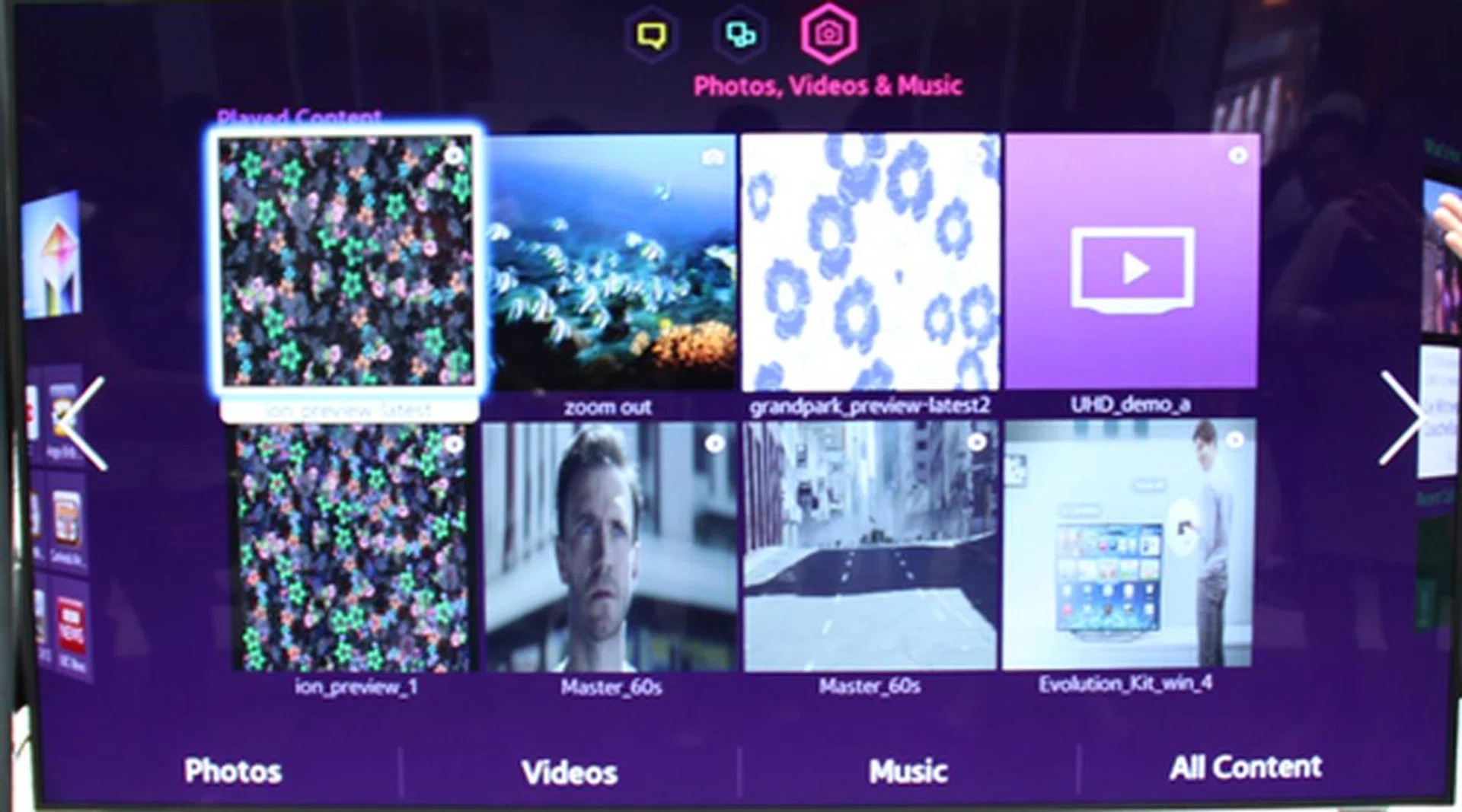 The new UI comprises of three unique home pages. One is dedicated to display photo, video and music content. 