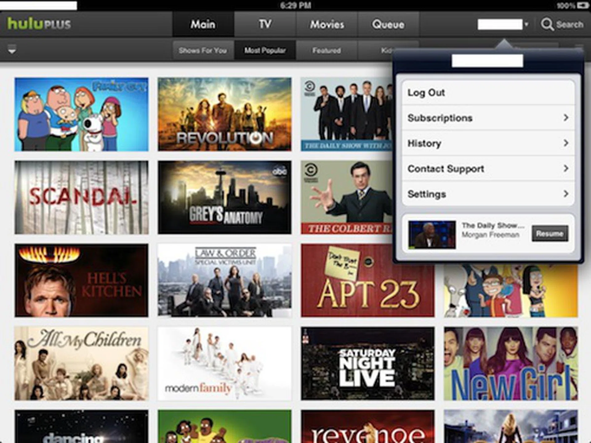 The best part about Hulu Plus is when you next return to the app, you will get a prompt to resume your last watched show, without having to look for it or miss it. In this screenshot, you can see the Resume prompt when you access the Settings menu.