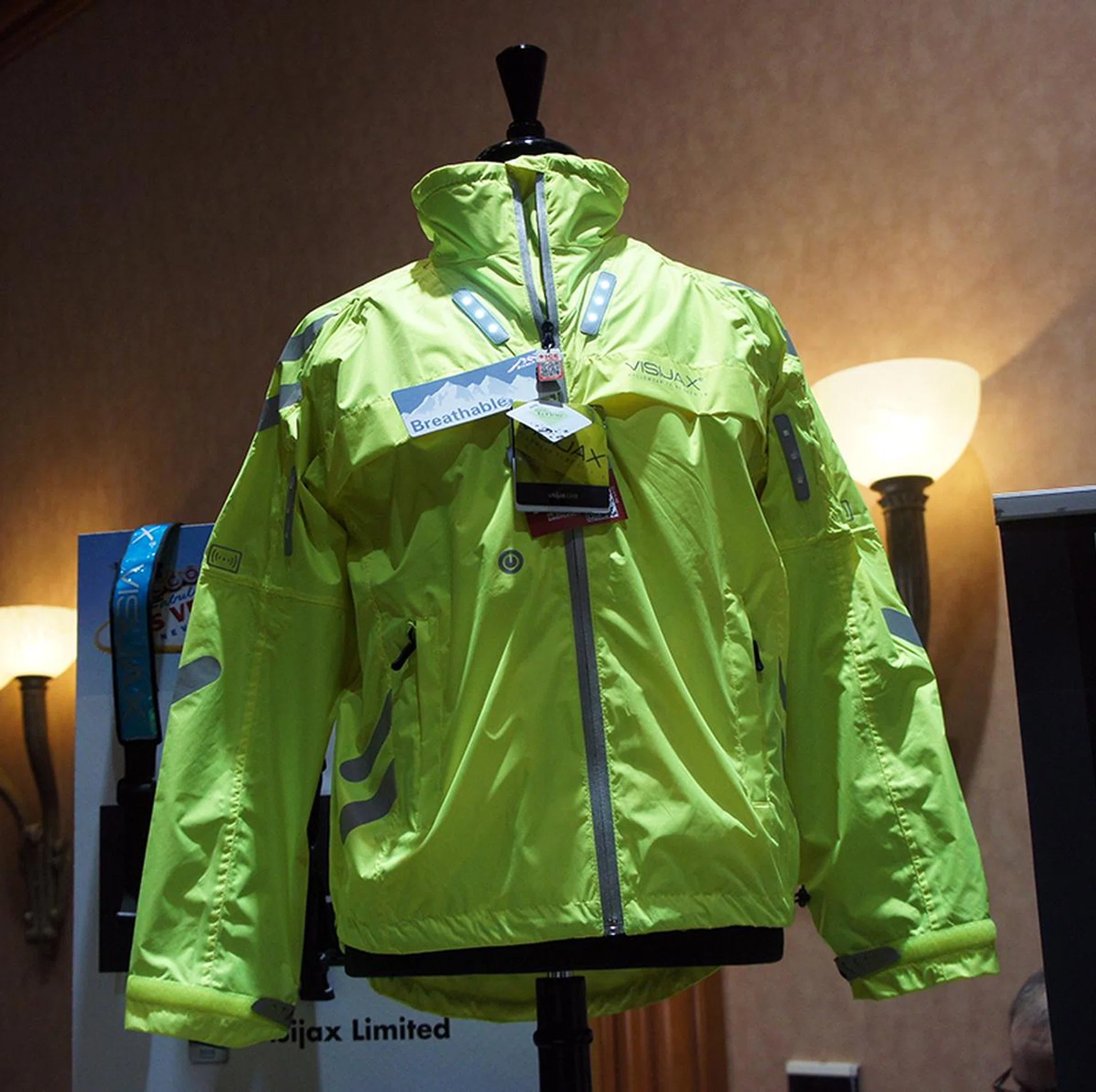The Visijax is smart jacket designed for cyclists that has LEDs. When a cyclisy raises an arm to signal left or right, corresponding LEDs will light up.
