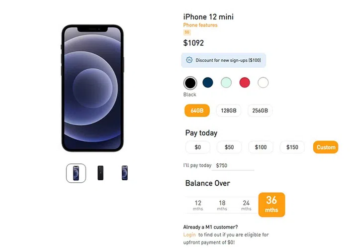 Example of handset instalments from M1 website.