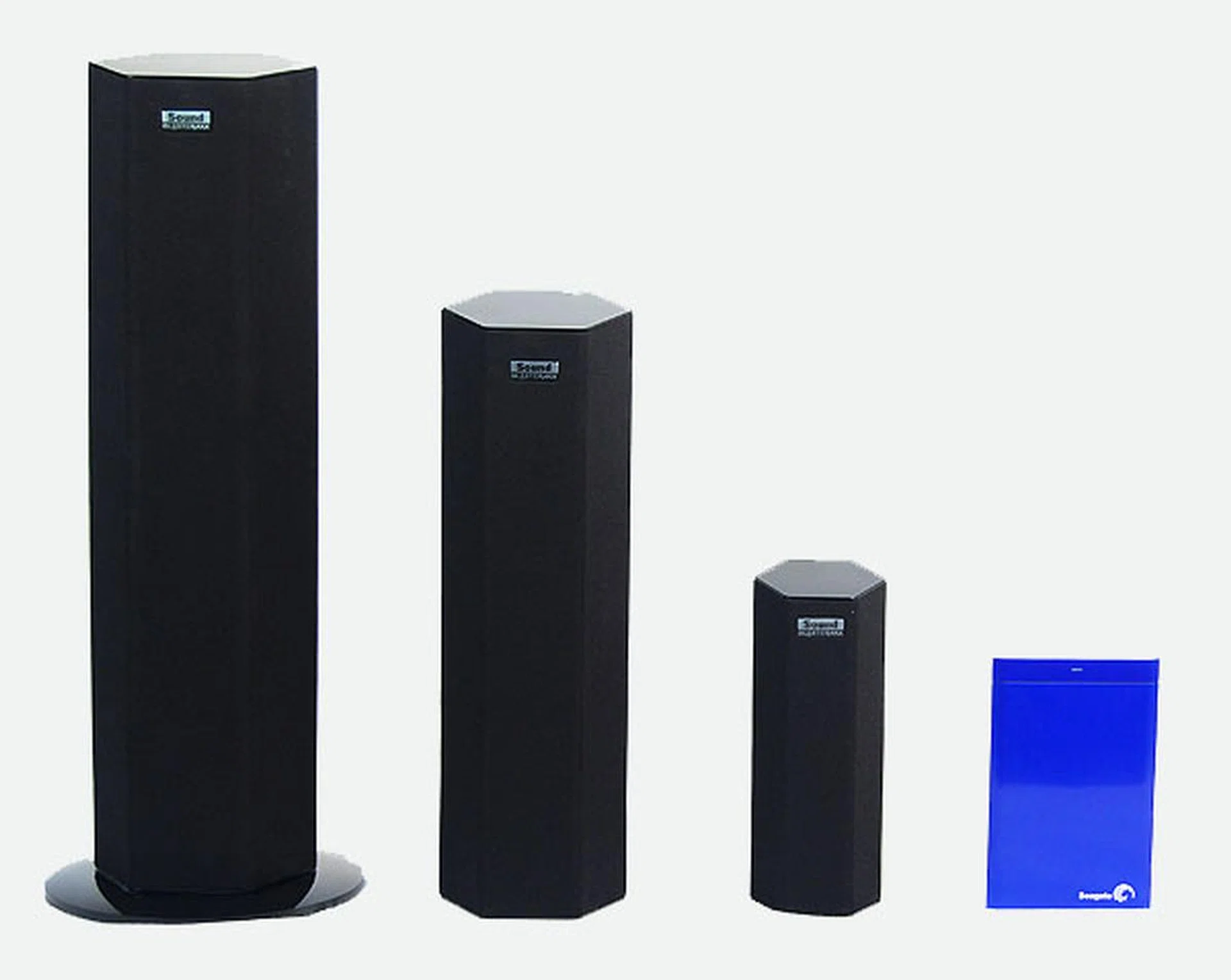 A side by side comparison of the models in the Sound BlasterAxx lineup. The smallest SBX 8 model is no bigger than a 2.5-inch portable hard drive.