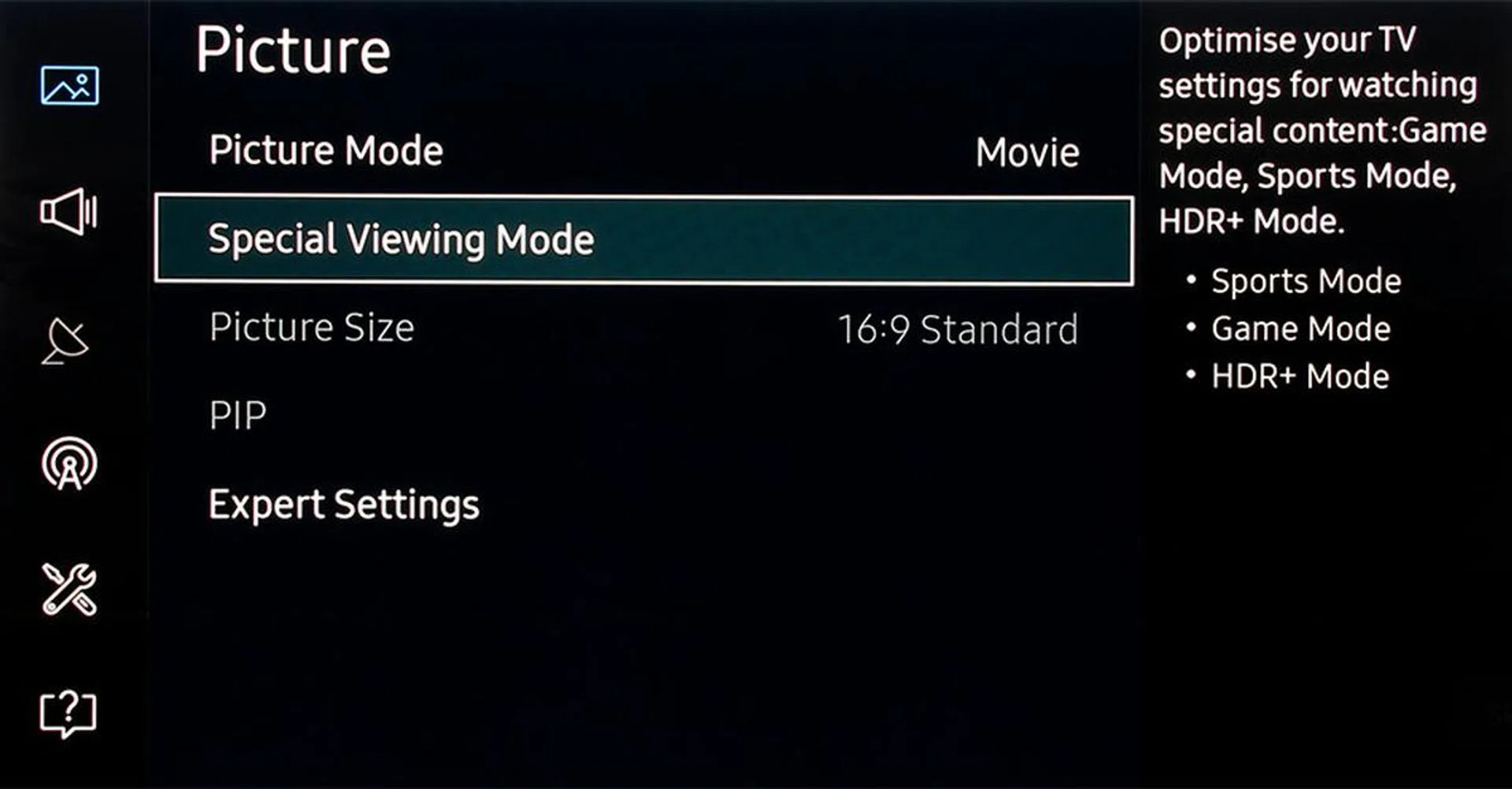 The Sports and Game modes are now under the Special Viewing mode in the Picture menu. A recent firmware update (1110) also introduces a HDR+ mode that tries to bring the HDR effect to non-HDR videos.