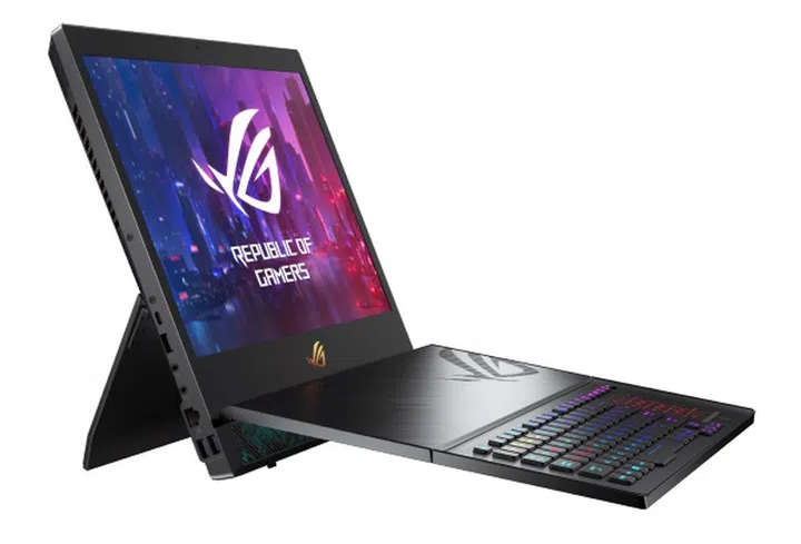 With the keyboard attached at an angle.