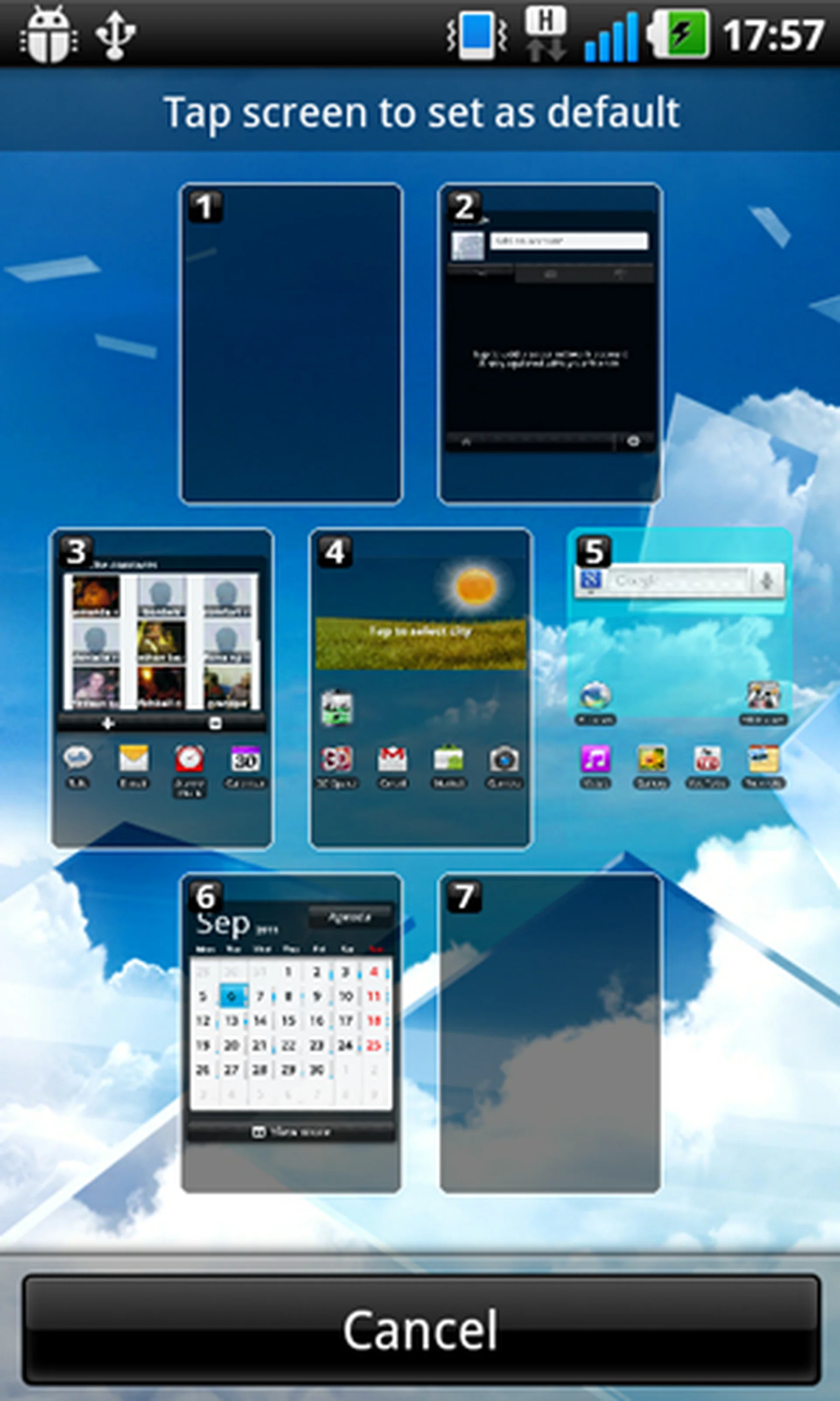 Pinch on any home screen to get an overview of all 7 pages. From here, a button allows you to set your default canvas.