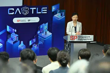 Acting Minister for Manpower and Senior Minister of State, Ministry of Digital Development and Information, Ms Jasmin Lau delivers her speech at the Singapore Polytechnic CASTLE Launch event