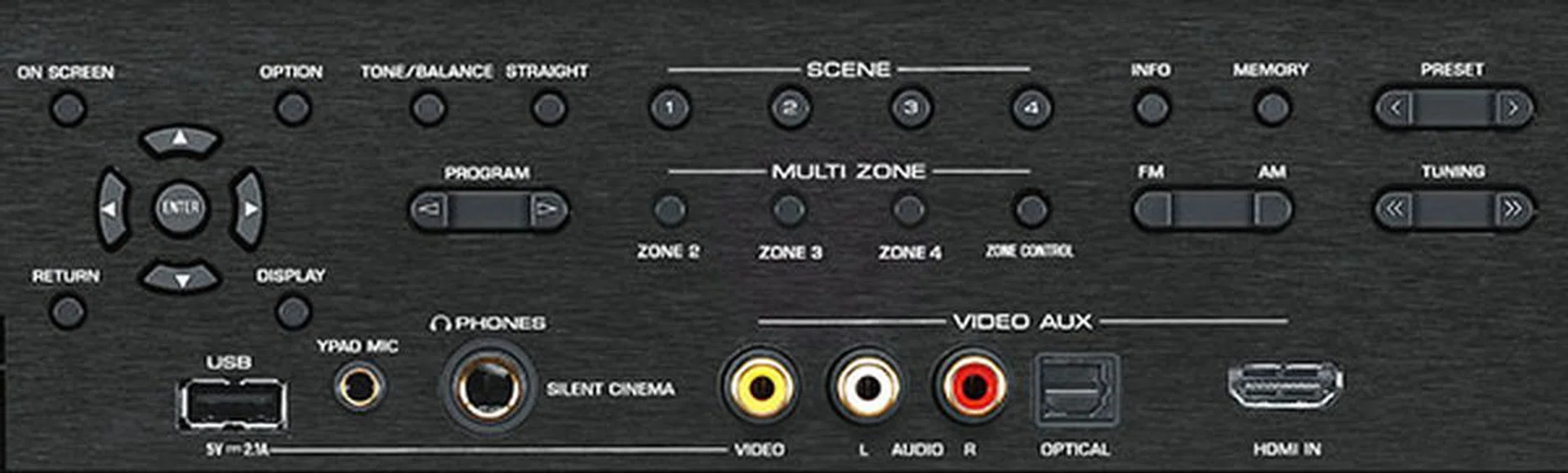 A bevy of controls and connections reside behind the RX-A3020's front panel. Notice the 5V, 2.1A USB connection for iOS devices at the bottom left. 