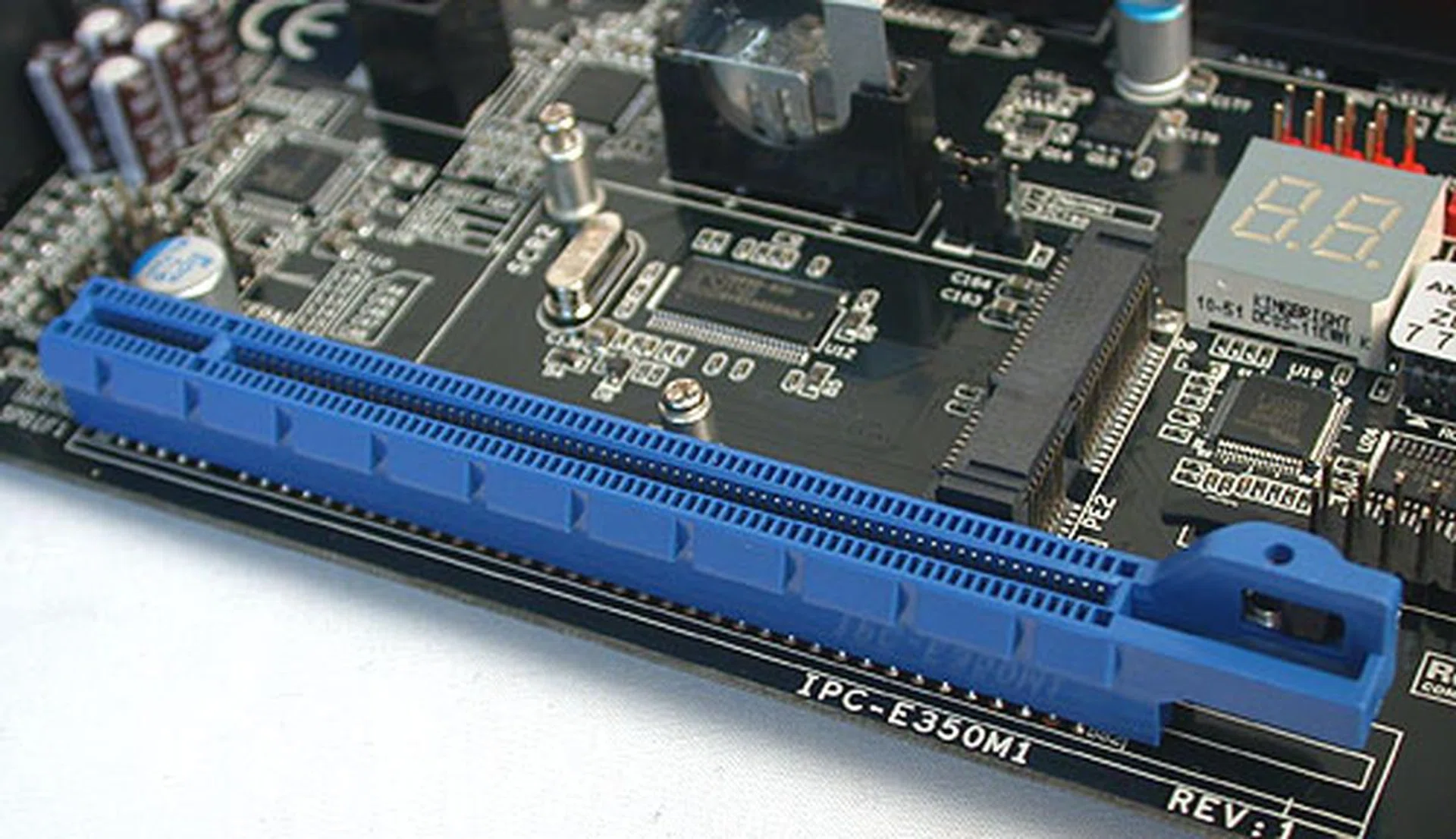 The single PCIe 2.0 x16 slot along with the mini-PCIe slot. 