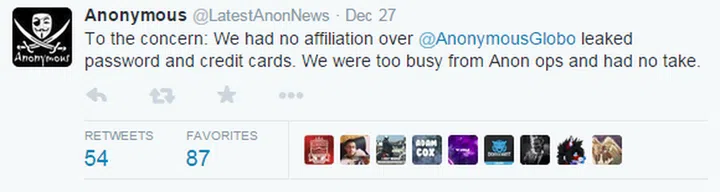 The statement made by another Twitter account allegedly belonging to Anonymous, denying their involvement.