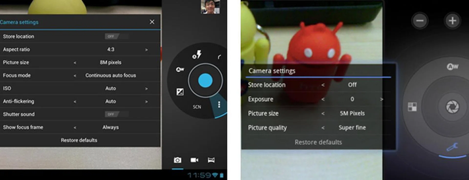 More camera controls are now available on Android 4.0 (left).