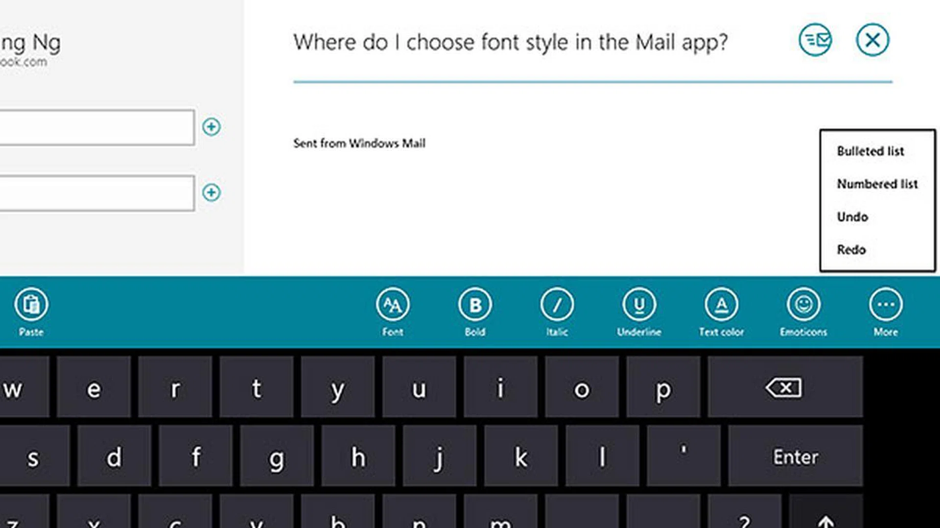 Accessing options like adding an attachment, adjusting the font style, and changing the text color isn't obvious initially. What you need to do is to swipe down from the top edge of the screen to reveal them.