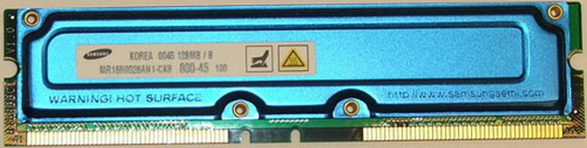  After failing to win over consumers, RAMBUS embarked on a costly litigation route that ultimately found that SDRAM manufacturers had fixed their prices in order to force out RDRAM. Shown here is a RDRAM module with heatsink, as these modules were warmer than competing SDRAM. Image from Wikipedia.  