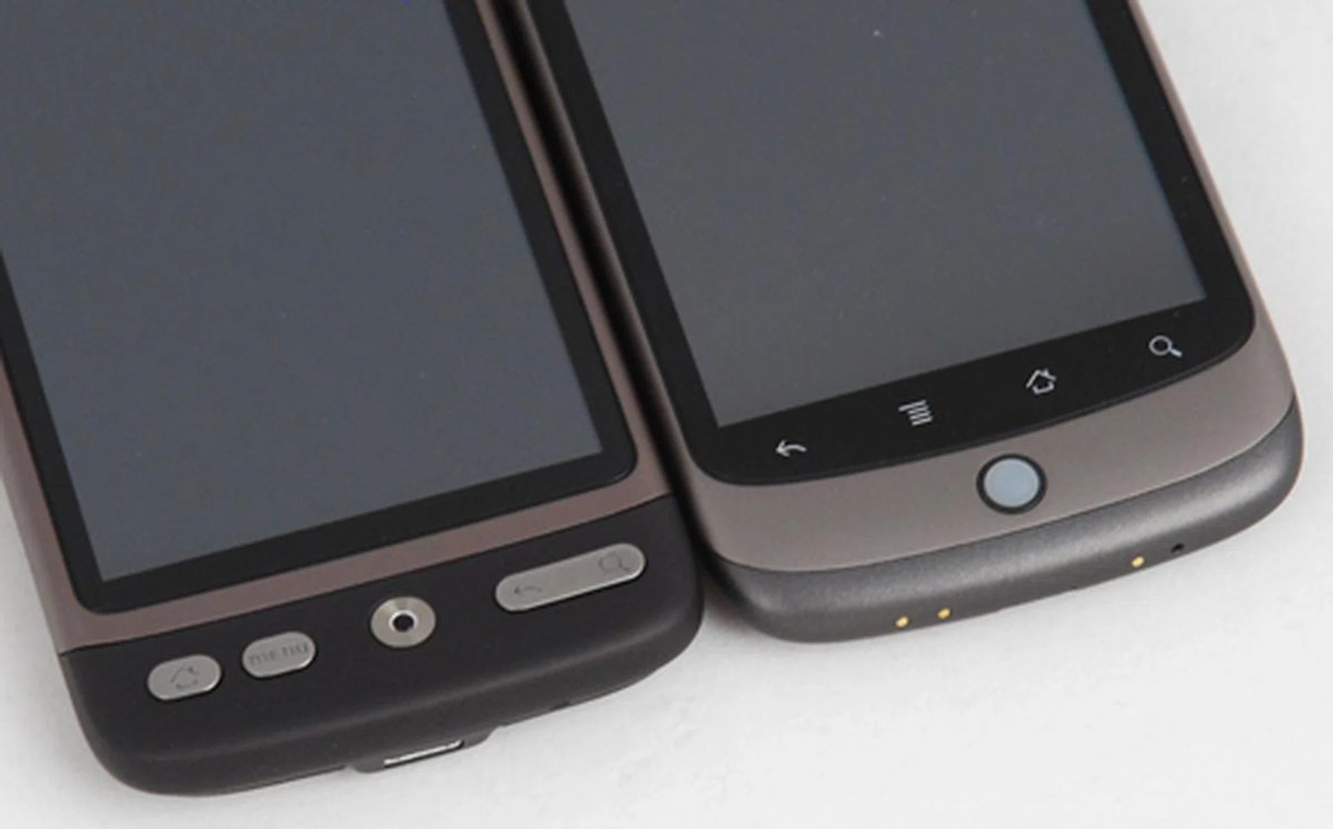 The obvious difference is found on the front panels. The Desire chose to use physical buttons over the Nexus One's touch-sensitive panels.