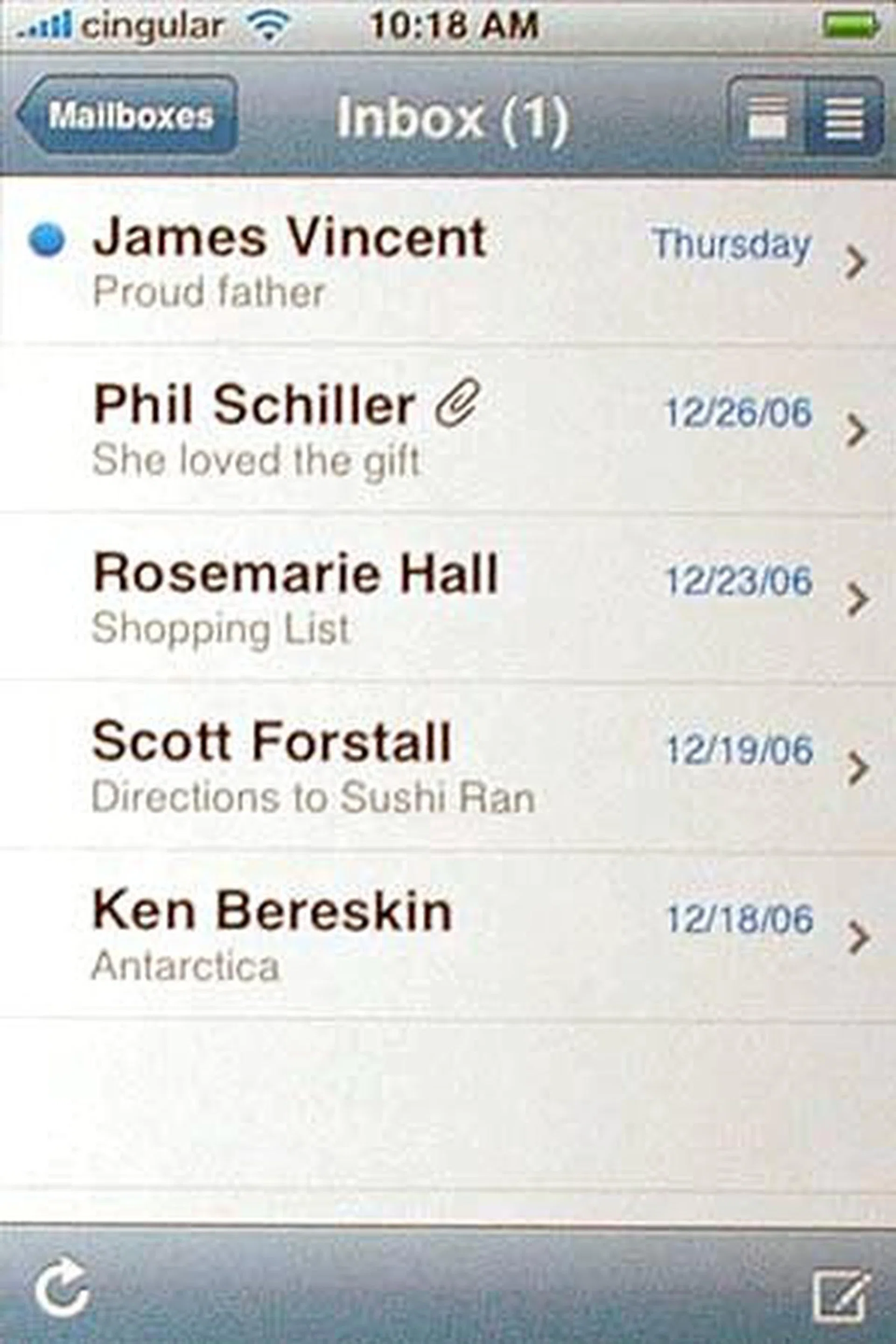 The iPhone uses a rich HTML email client that fetches your email in the background from most POP3 or IMAP mail services. Here’s how your Inbox looks like.