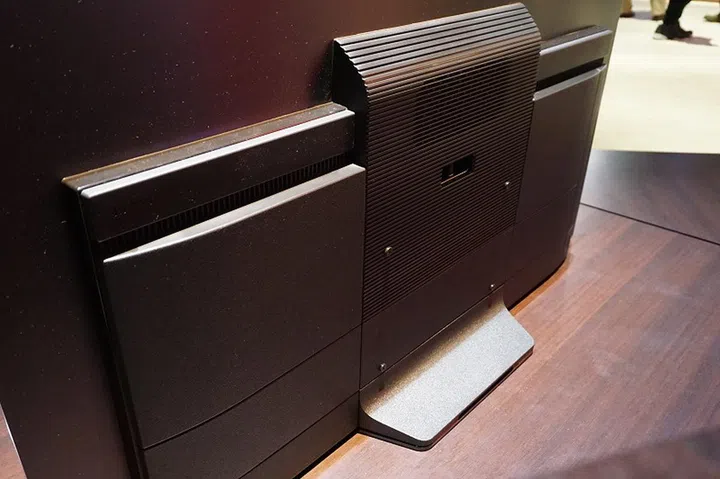 The rear view of the Bravia A8F reveals a more conventional TV design, but it comes with dual woofers, one more than the A1.
