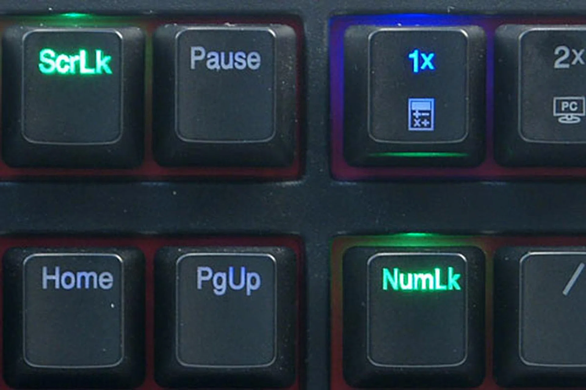 Instead of blue, the Caps Lock, Num Lock, and Scroll Lock keys have green backlights; and they're not affected by the Fn + F9 to F11 key presses. The green backlight only turns on when the key is activated (e.g. Caps Lock on/off).