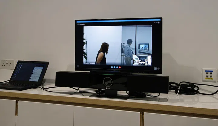 Here, the Polycom studio is connected to the USB Type-A port of the host laptop that is running Skype.