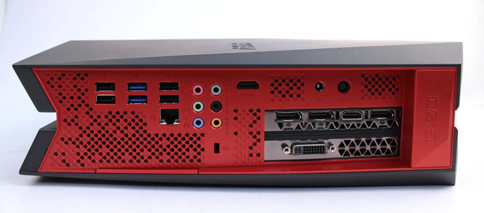 The ASUS ROG G20's dual power bricks plug into the two power ports next to the graphics card's display connectors