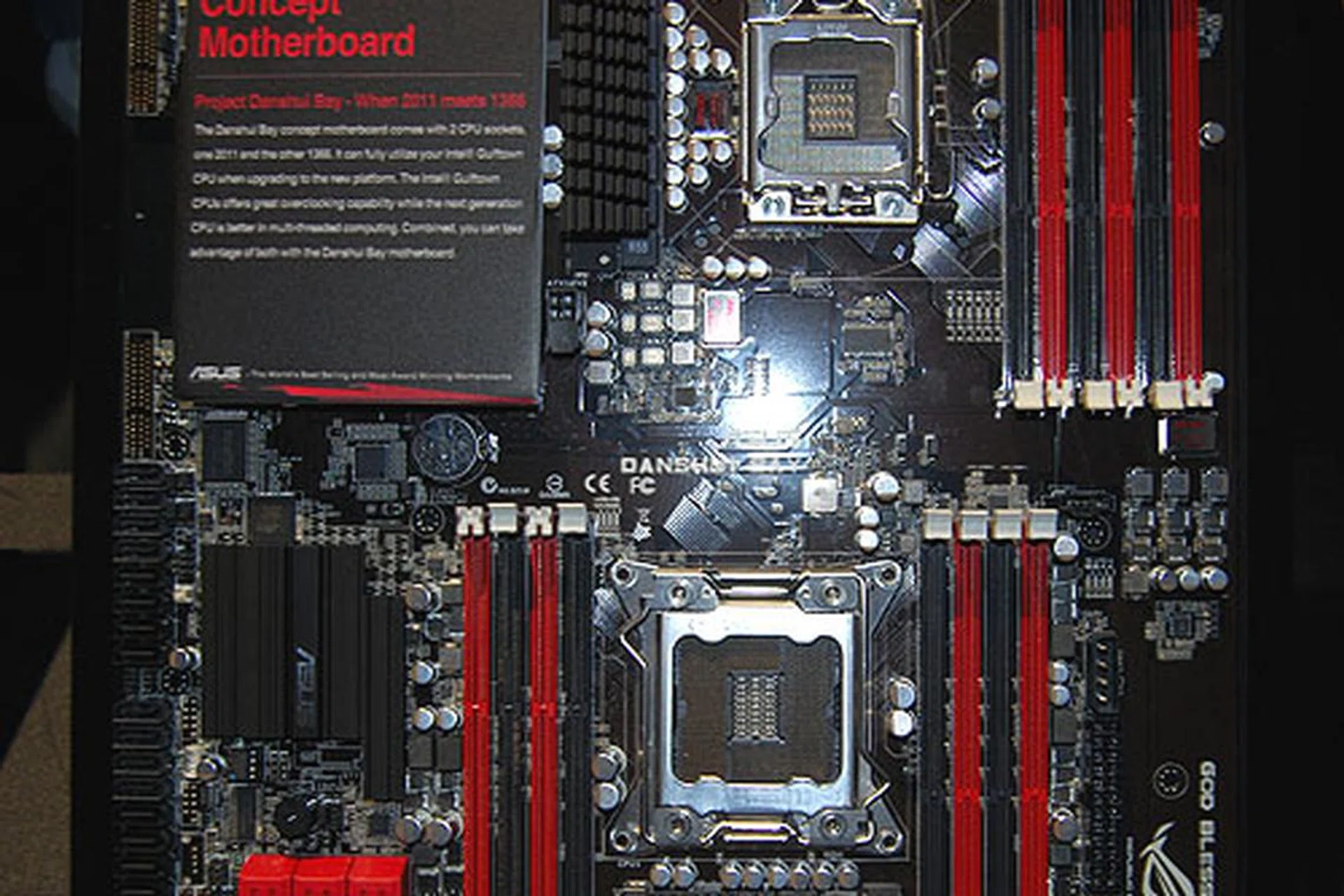 ASUS' Danshui Bay concept motherboard combines two different platforms, the  Intel X58 using LGA1366 and Intel's upcoming X79, using LGA2011. Frankly, we think it won't ever make the leap to a working prototype, given the vast architecture differences. 