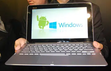 The ASUS Transformer Book Trio, as seen in its Windows 8 notebook state.