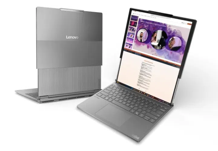 The display can be pulled up to reveal more screen estate on the upcoming 6th-generation Lenovo ThinkBook Plus notebook. Photo: @evleaks