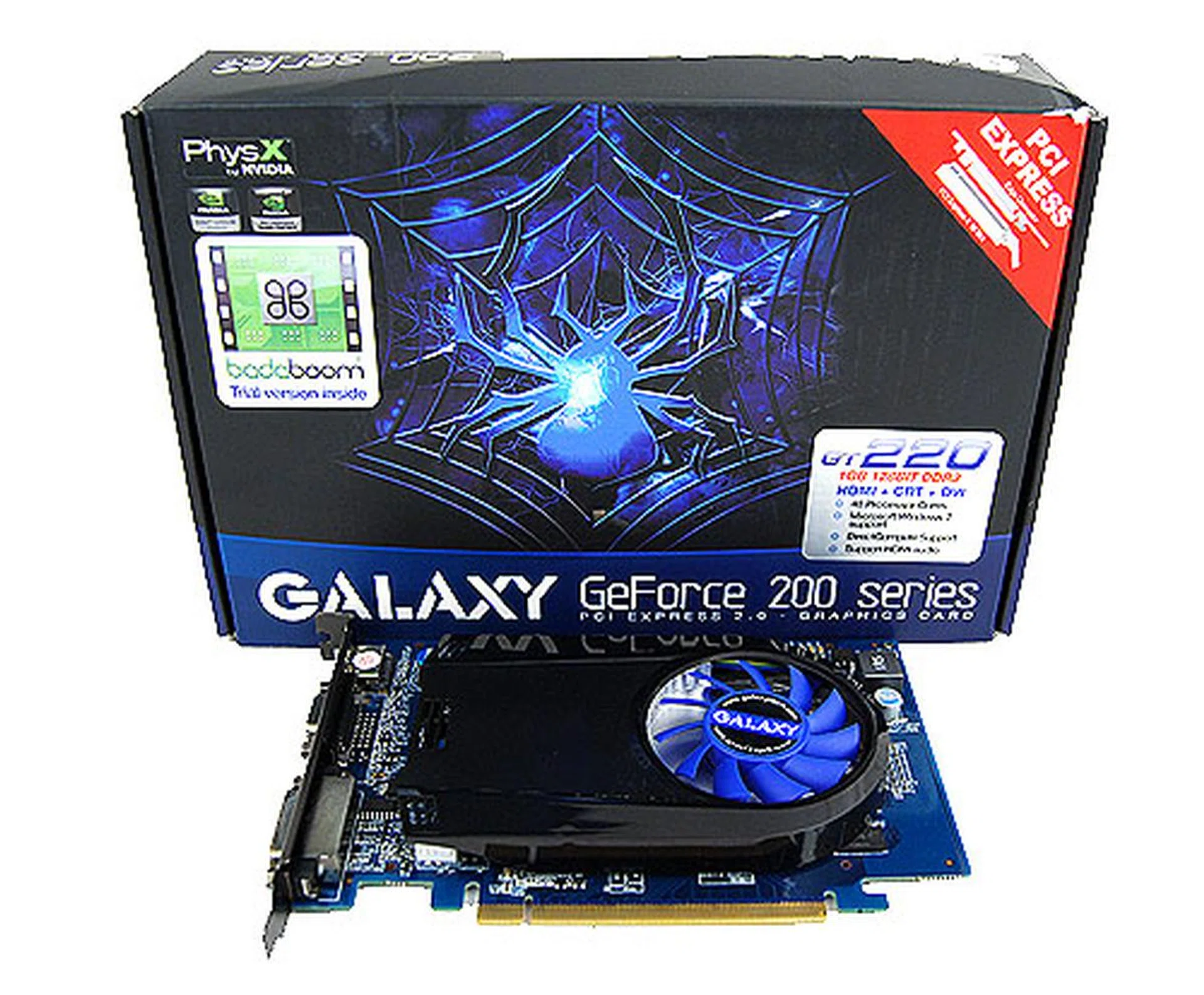 The Galaxy GeForce GT 220 comes in a compact packaging, which proudly proclaims that it supports PhysX and that it comes with a trial copy of Badaboom video converter.