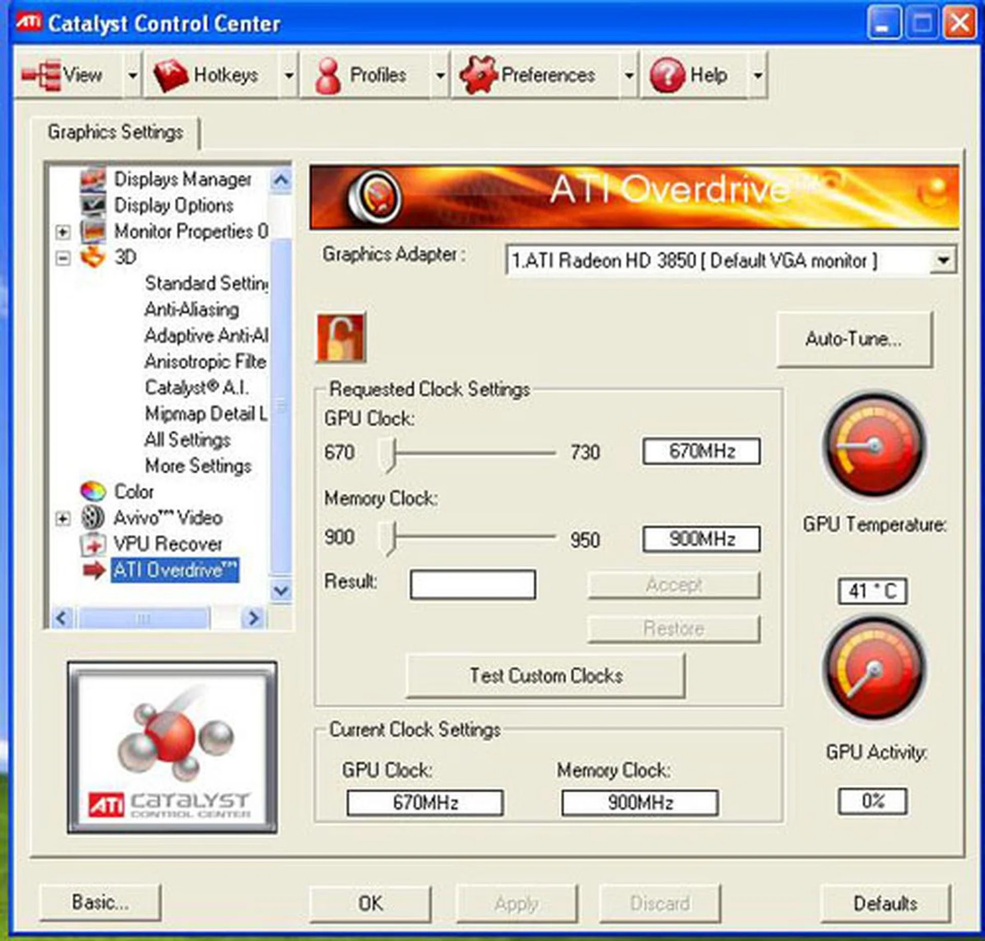 The new Catalyst Control Center includes a CPU utilization indicator. Note that the core clock shown here is not the default of the PowerColor, which is in fact at 720MHz.