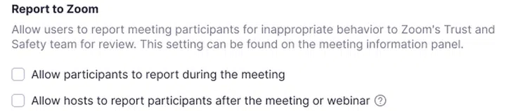 Disruptive participants can now be reported to Zoom and removed from a meeting. Image courtesy of Zoom. 