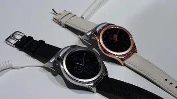 Samsung Gear S2 Classic smartwatches, in Platinum with Black Genuine Leather Bands (left) and 18K Rose Gold with Ivory Genuine Leather Bands (right). What's your choice?