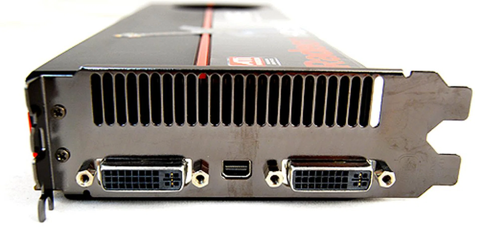 Differing from the other Radeon 5000 series cards, the Radeon HD 5970 only gets twin DVI outputs and a single mini-DisplayPort. This allows it to have a larger vent, which would undoubtedly come in useful in dissipating heat from its twin GPUs.
