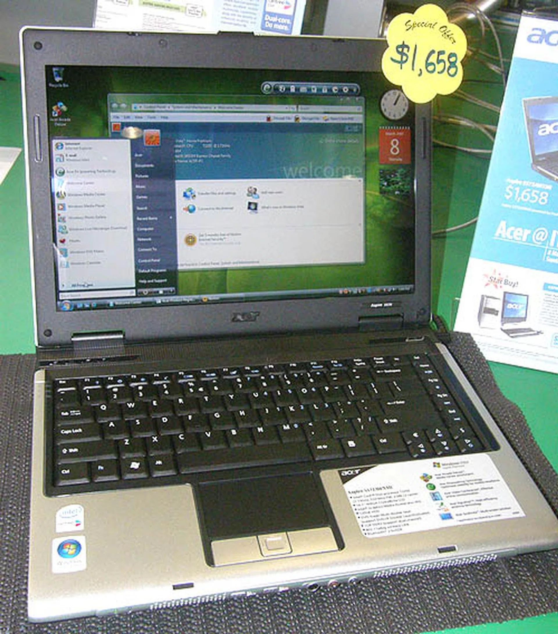  Utilitarian looking, this Aspire 5572AWXMi uses an Intel Core Duo T2250 processor and comes with 1GB of memory and a 120GB hard drive. As with many Acer products, the lure is in its attractively low price of $1658.  