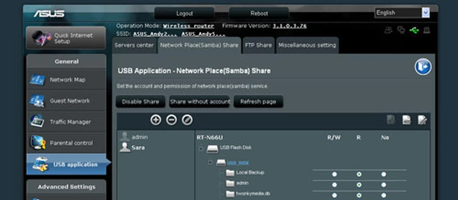 File sharing for USB drives over the network are possible via FTP or Samba. In this case, we created a test account (Sara) which was replicated on both FTP and Samba services. However, user rights (read or write access) have to be manually managed for each service type. 