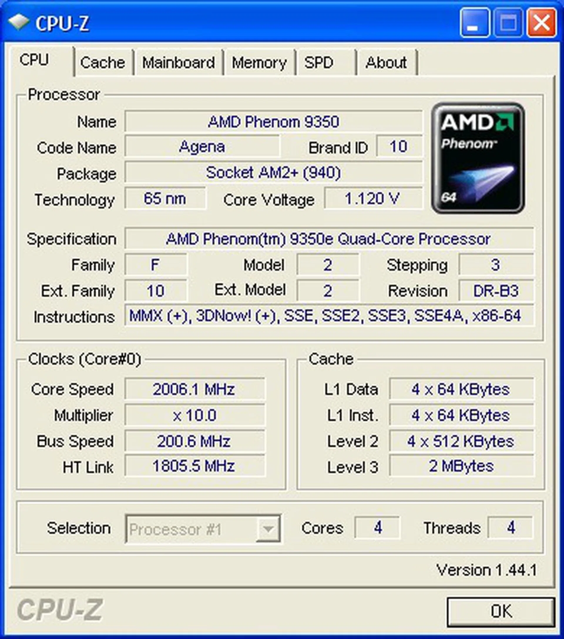 Note the specs of the Phenom X4 9350e processor.