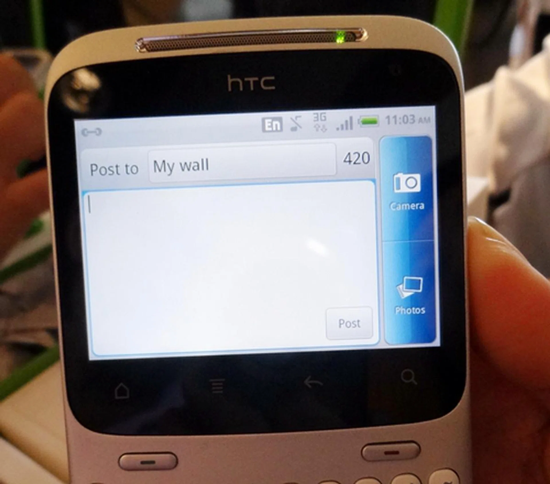You can update your Facebook status from almost any screen by pressing the dedicated button except when you are using the camera or browsing a website.
