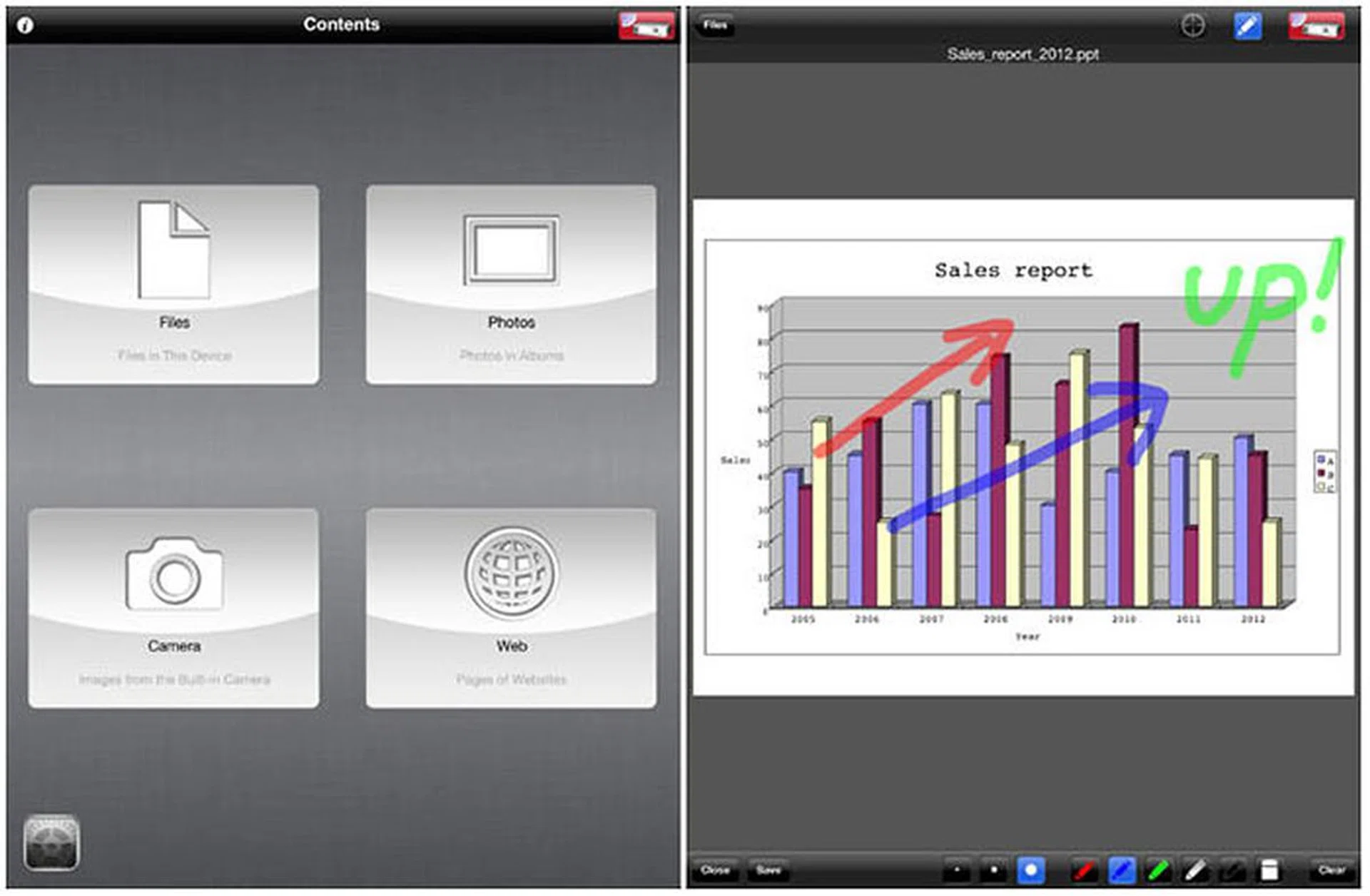 Besides projecting photos and documents from an iPad/iPhone/iPod Touch wirelessly, the Wireless Image Utility app supports annotation. (Image source: iTunes App Store.)