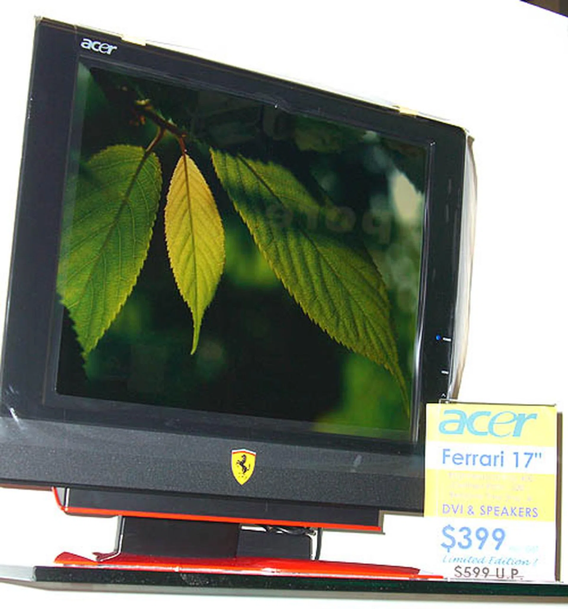 Acer already has a deal with Ferrari for a line of notebooks so it's no surprise that this has extended to their LCD monitors. The limited edition Ferrari-branded Acer 17-inch LCD here costs S$399. Not exactly a bargain for a 17-inch screen, but if you like the motif, why not?