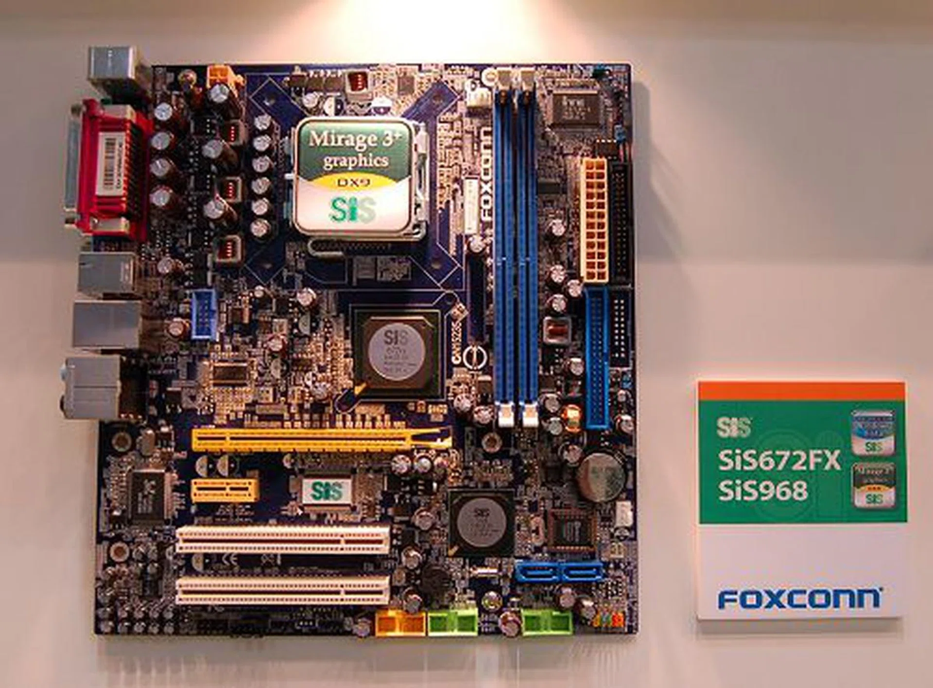  Here's a Foxconn SiS 672FX motherboard. If you take a look back at our Foxconn coverage, you'll realize that it is identical to its current SiS 671FX based board.  