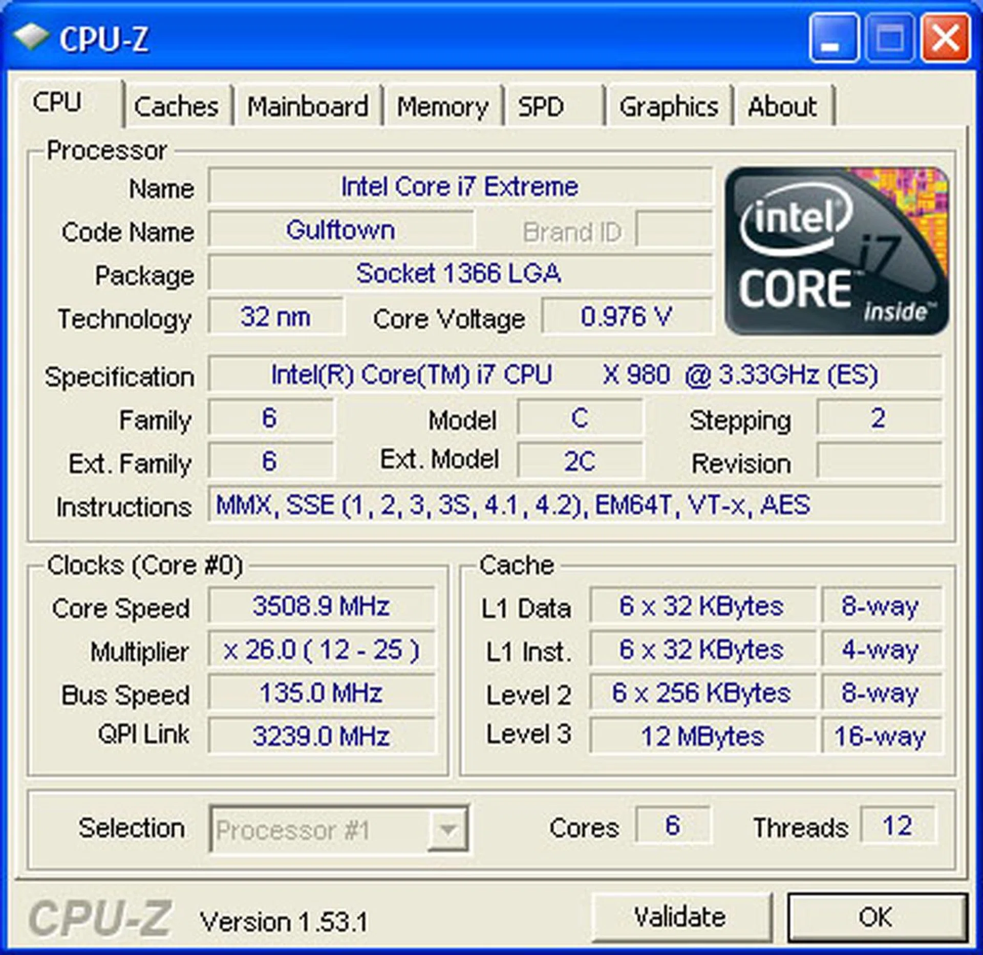 While idle in Windows, the Core i7-980X runs at almost 3.5GHz (133 x 26). Turbo Boost has already kicked in, as the default non-turbo speed is (133 x 25) or 3.3GHz.