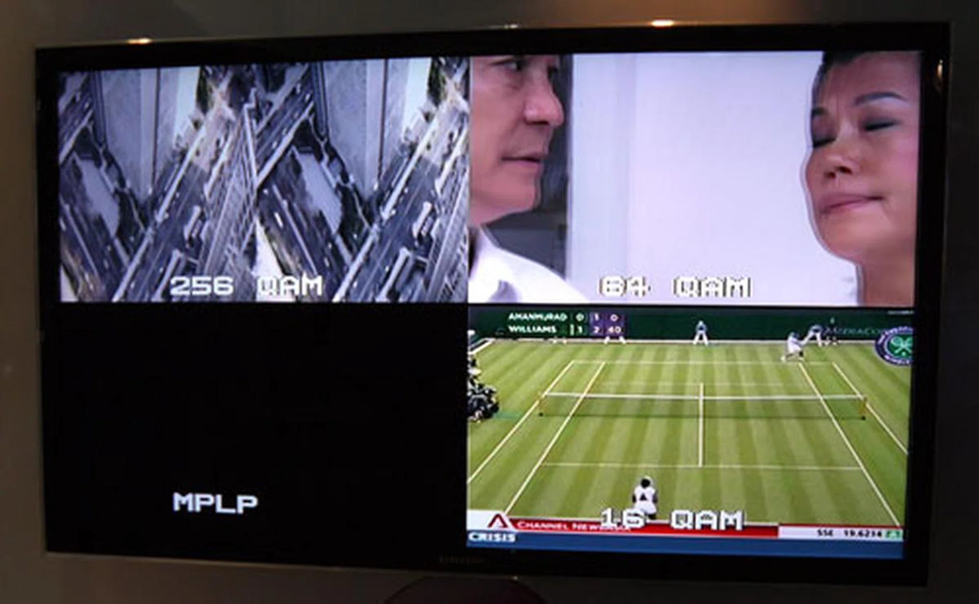 SD (bottom right), HD (top right) and 3D (top left) content are fed into the same screen here. DVB-T2's additional 256QAM mode enables it to carry the beefy 3D signal which was lacking in the DVB-T standard. 