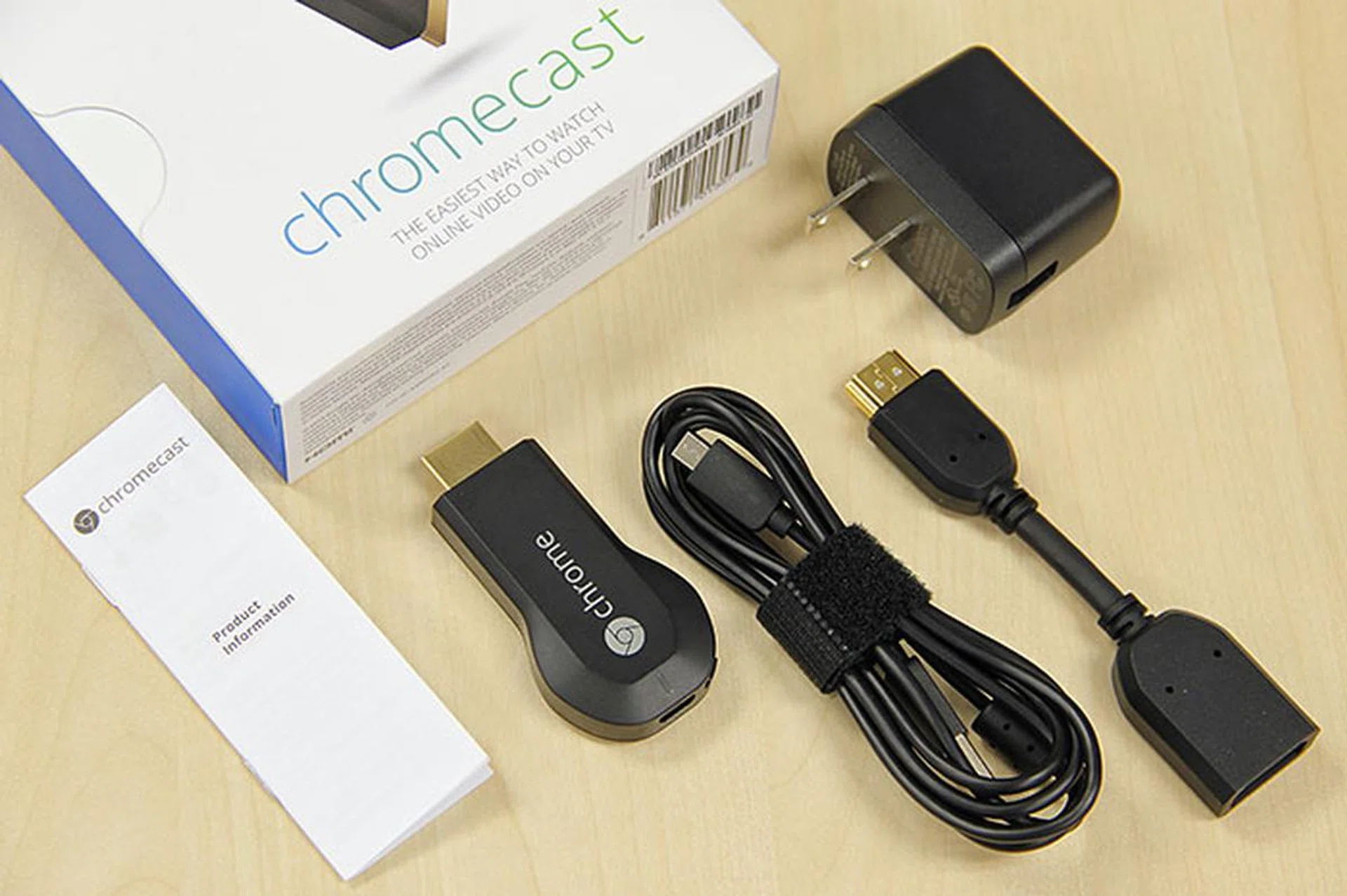 Most of the accessories that come with the Chromecast are longer than the stick itself. They include a fairly long micro-USB-to-USB cable, a short HDMI extension cable (just in case the area around your TV's HDMI port doesn't have enough clearance), and a USB power adapter.