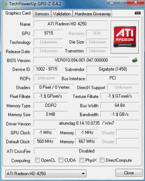 CPU-Z showing the new Radeon HD 4250 on the AMD 880G at the point of testing the boards. We suppose a new version of the utility would clear-up all the other weird figures reported on this info tab.