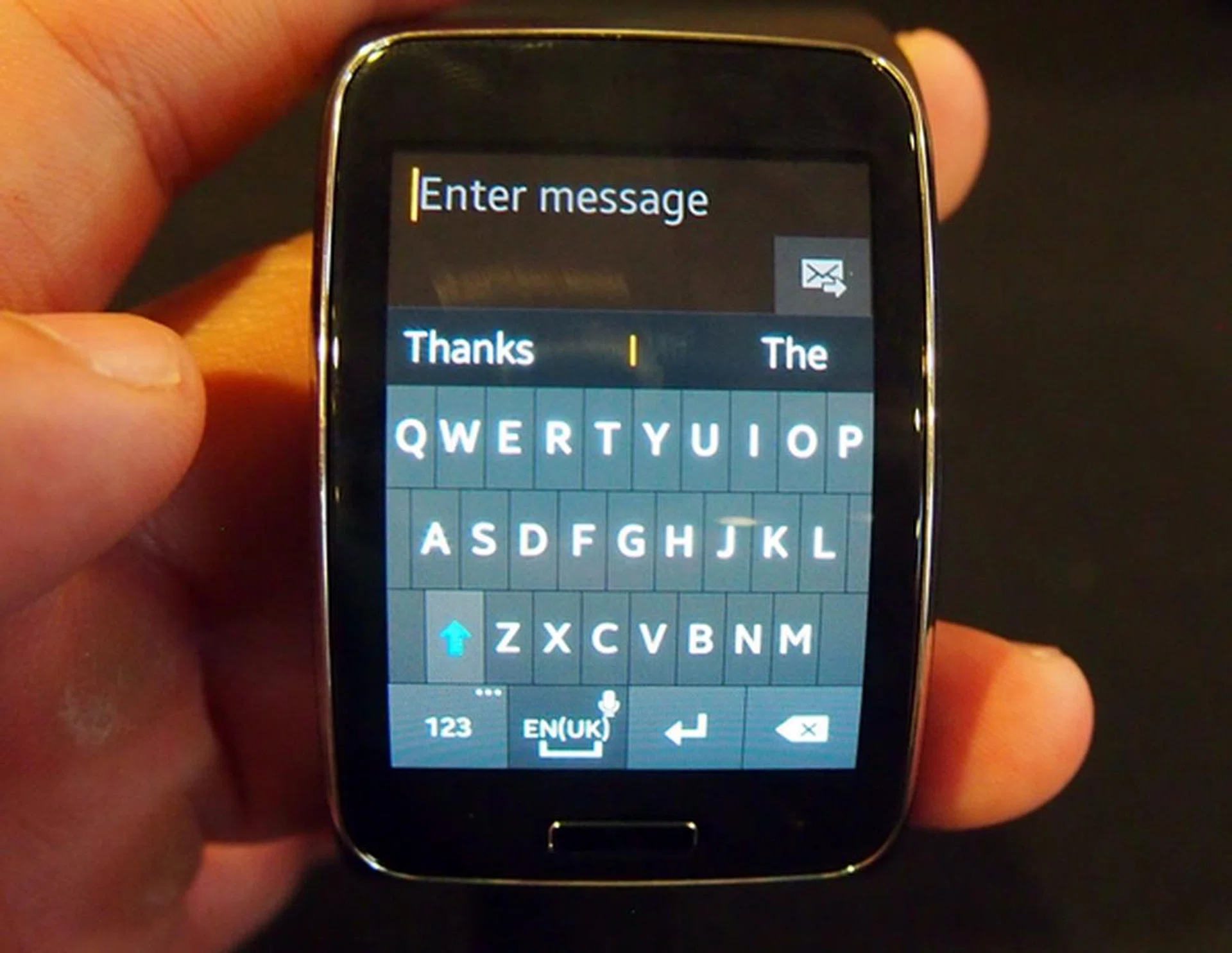 While typing, the on-screen keyboard takes up the bulk of the screen face on the Samsung Gear S.