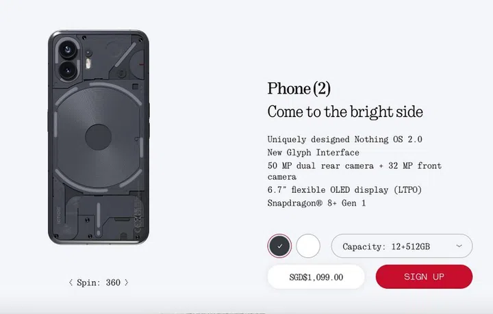 The Nothing Phone (2) with 12GB RAM and 512GB internal storage space is priced at S$1,099.