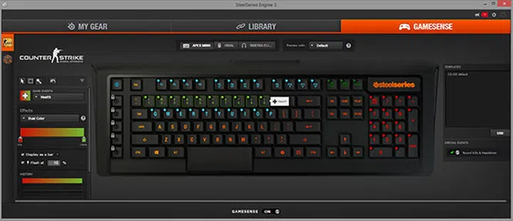 LED lighting on individual keyboard rows can be used to display in-game information like health, ammo, armor. (Image Source: SteelSeries)